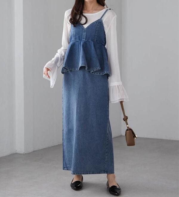 RANAN（ラナン）の「デニムペプラムキャミワンピース（ロングワンピース）」｜詳細画像