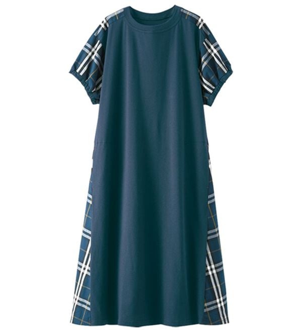 BELLUNA（ベルーナ）の「【２枚組】チェック使いランタンスリーブワンピース（カットソーワンピース）」｜詳細画像