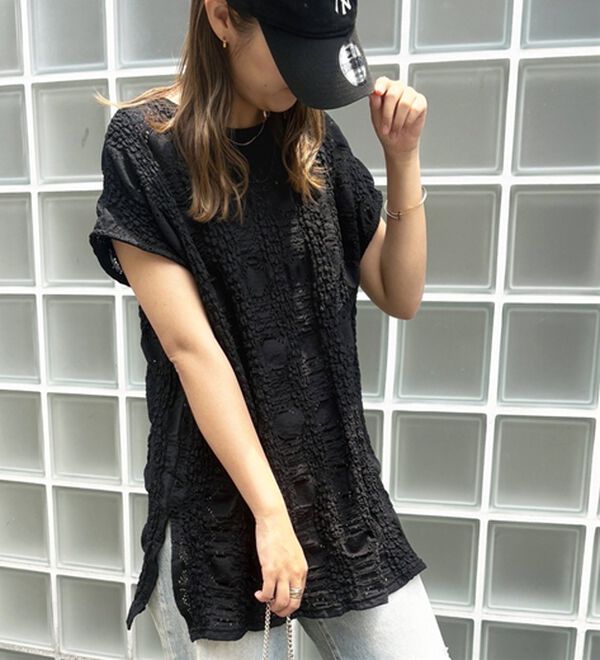 GeeRA（ジーラ）の「総レースフレンチスリーブＴシャツ（カットソー）」｜ブラック