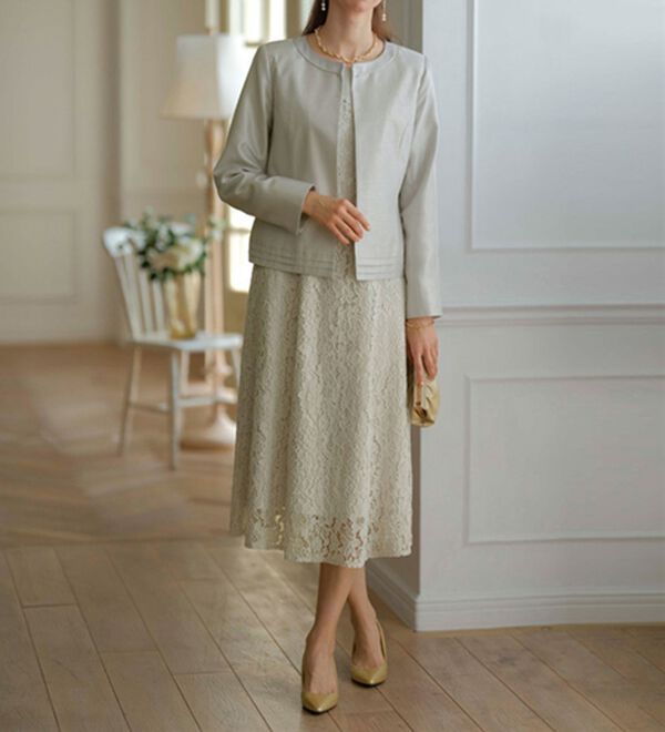 BELLUNA（ベルーナ）の「シャンタン素材ノーカラージャケットレースワンピースアンサンブル（ワンピースセットスーツ）」｜詳細画像