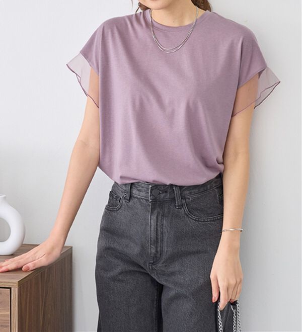alotta（アロッタ）の「１枚でこなれ感！袖チュールデザイン綿混Ｔシャツ（Tシャツ）」｜詳細画像