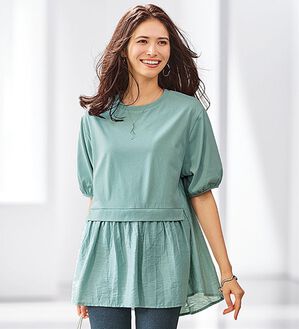 BELLUNA（ベルーナ）の「ギャザー使い異素材切替ふんわりチュニック（チュニック）」｜セージ