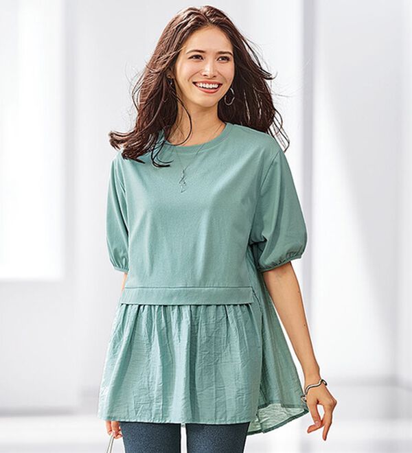 BELLUNA（ベルーナ）の「ギャザー使い異素材切替ふんわりチュニック（チュニック）」｜セージ
