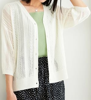 BELLUNA（ベルーナ）の「麻タッチ透かし編５分袖ニットカーディガン（ニットカーディガン）」｜オフ白