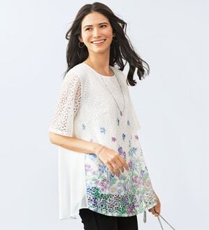 BELLUNA（ベルーナ）の「シフォン重ね花柄プリントレースチュニック（チュニック）」｜パープル系