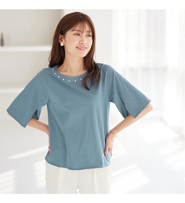 alotta（アロッタ）の「【接触冷感】綿１００％パール調デザインＴシャツ　さらひやりコットン（Tシャツ）」｜詳細画像