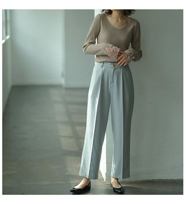 GeeRA（ジーラ）の「レース付Ｖネックリブニットトップス（ニット・セーター）」｜詳細画像