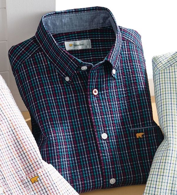 「＜ゴールデンベア＞袖丈選べる綿１００％サッカーシャツ（メンズシャツ）」｜ネイビー系