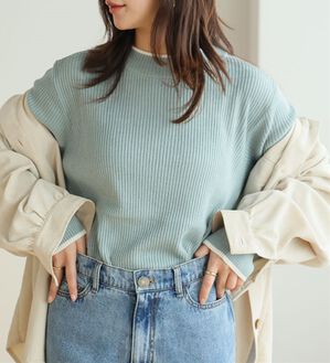 A HAPPY MARILYN（アハッピーマリリン）の「【ＬＬ～６Ｌ】Ｔシャツ感覚！カメレオン級の着回しが叶うリブニット（ニット・セーター）」｜配色／ミントグリーン
