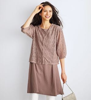 BELLUNA（ベルーナ）の「花柄レース切替チュニックワンピアンサンブル（アンサンブル）」｜ローズグレー