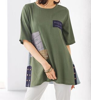 BELLUNA（ベルーナ）の「パッチワークデザイン刺しゅう使いチュニック（チュニック）」｜カーキ系