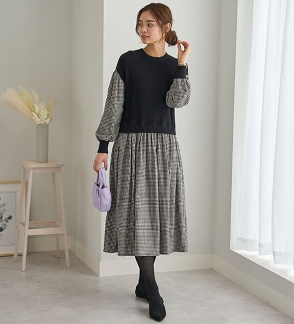 BELLUNA（ベルーナ）の「＜＆ｃｏｃｏｃｈｉ＞ニット切替チェック柄ワンピース（ドッキングワンピース）」｜詳細画像