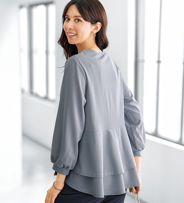 美品＊45R インディゴワイドスリーブブラウス 0 長袖 コットン綿 R刺繍 45r 綿ブラウス 美品＊45R インディゴワイドスリーブブラウス 0 長袖