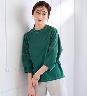 BELLUNA（ベルーナ）の「ヒンヤリ！袖デザイン配色ステッチプルオーバー（カットソー）」｜グリーン