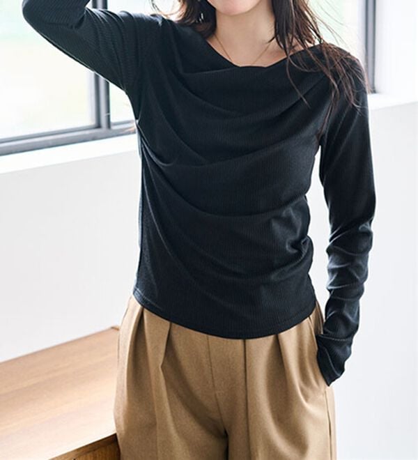 RANAN（ラナン）の「【春色追加】上品ドレープリブロングＴシャツ（カットソー）」｜詳細画像