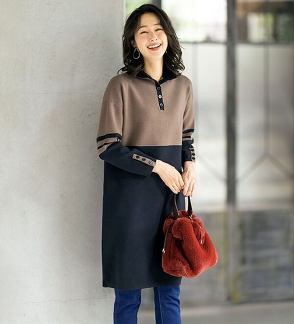 ルフラン（ルフラン）の「配色切替ロング丈ニットチュニック＜ミリッサ＞（ニットワンピース）」｜モカ