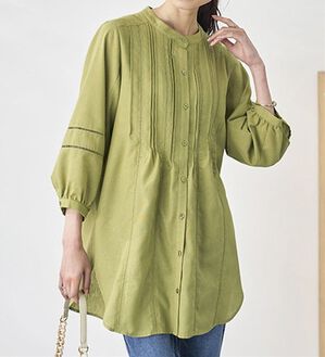 BELLUNA（ベルーナ）の「機能付リネン混ピンタック使いシャツチュニック（チュニック）」｜ライトグリーン