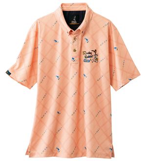 「＜ロッキーラビット＞ゴルフデザイン総柄ポロシャツ（メンズポロシャツ）」｜サーモン