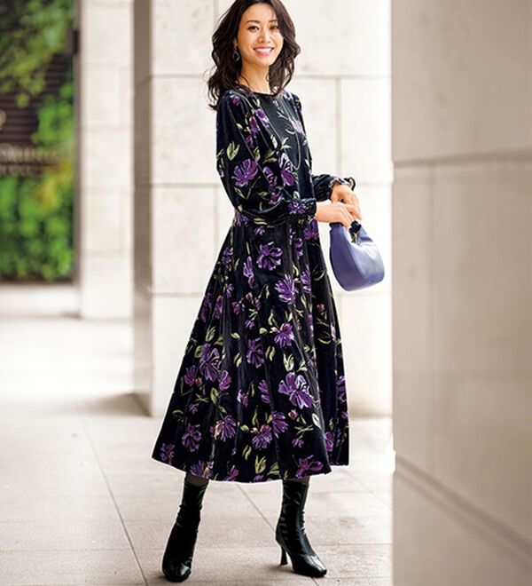 花柄プリントベロアワンピース - ベルーナ【公式】 