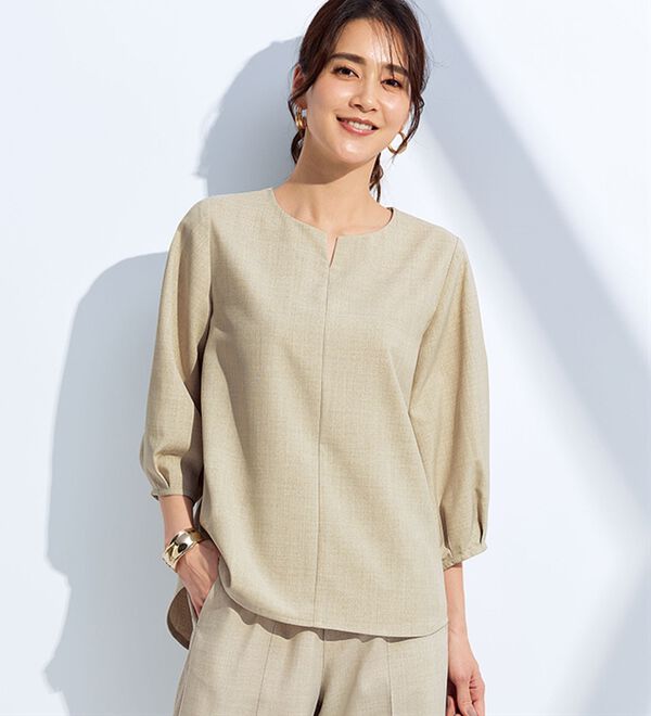 BELLUNA（ベルーナ）の「ひんやりリネンライク素材キーネックブラウス（ブラウス）」｜詳細画像