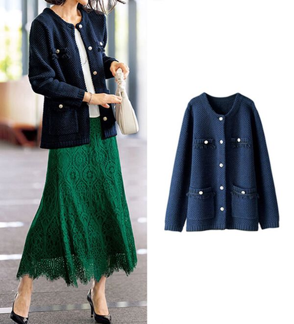 フリンジ使いノーカラーニットジャケット - ベルーナ【公式】