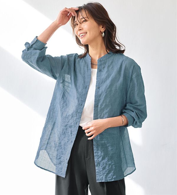 BELLUNA（ベルーナ）の「デニム調シアーブラウス（ブラウス）」｜インディゴ