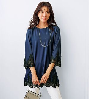 BELLUNA（ベルーナ）の「華やか配色ケミカルレース使いチュニック（チュニック）」｜ネイビー