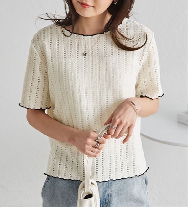 RANAN（ラナン）の「インせず着られる！透かし柄メロー配色Ｔシャツ（カットソー）」｜詳細画像