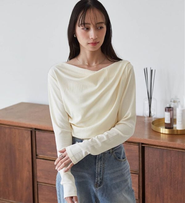 RANAN（ラナン）の「【春色追加】上品ドレープリブロングＴシャツ（カットソー）」｜詳細画像