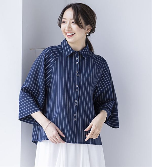 BELLUNA（ベルーナ）の「すっきり見えて体型隠しストライプワイドシャツ（シャツ）」｜詳細画像