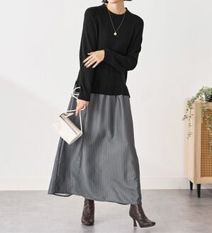 BELLUNA（ベルーナ）の「ニット切替プリントワンピース（ドッキングワンピース）」｜黒系