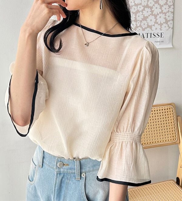 GeeRA（ジーラ）の「前後２ＷＡＹ配色パイピング５分袖ブラウス（ブラウス）」｜詳細画像