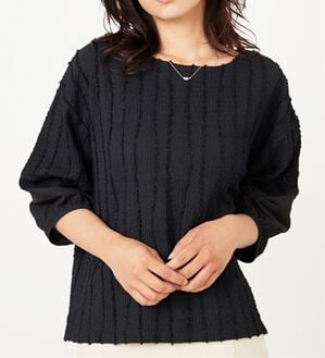 BELLUNA（ベルーナ）の「楊柳ストライプ刺しゅうブラウス（カットソー）」｜黒