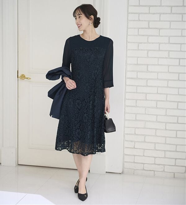 BELLUNA（ベルーナ）の「シャンタン素材ノーカラージャケットレースワンピースアンサンブル（ワンピースセットスーツ）」｜詳細画像