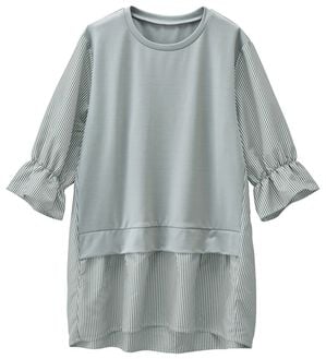 RANAN（ラナン）の「ひんやり！ストライプ切替キャンディスリーブカットソー（チュニック）」｜杢グレー系