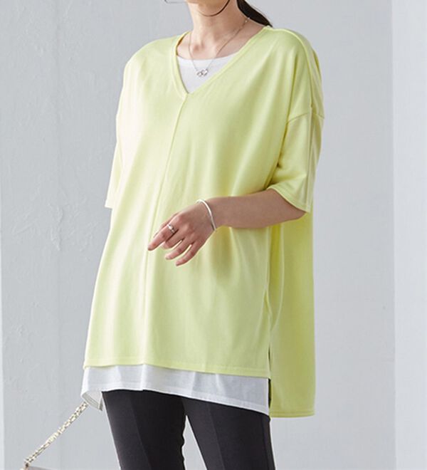 RANAN（ラナン）の「レイヤード風ニットソー半袖チュニック（チュニック）」｜詳細画像