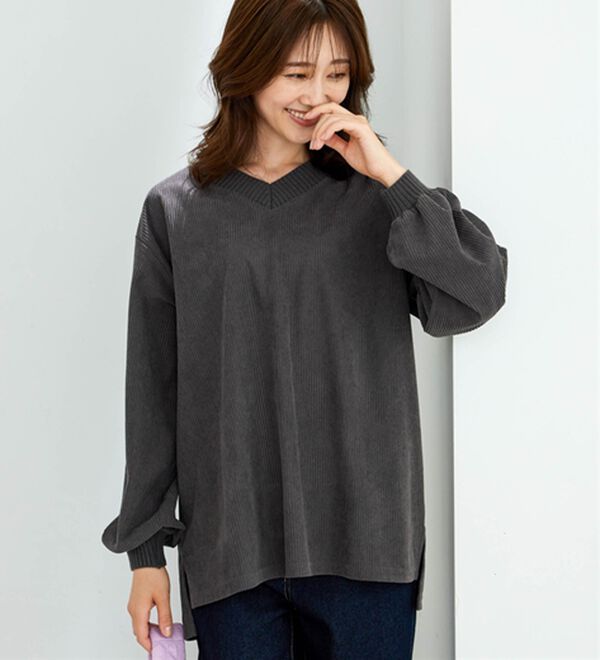 BELLUNA（ベルーナ）の「ニットリブＶネックコーデュロイプルオーバー（カットソー）」｜詳細画像
