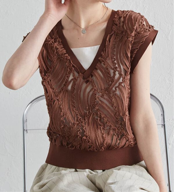 RANAN（ラナン）の「【前後２ＷＡＹ】シアー刺しゅうベスト（ベスト）」｜ブラウン