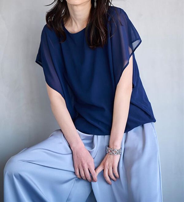 RANAN（ラナン）の「シフォン使いふんわり袖プルオーバー（カットソー）」｜ネイビー