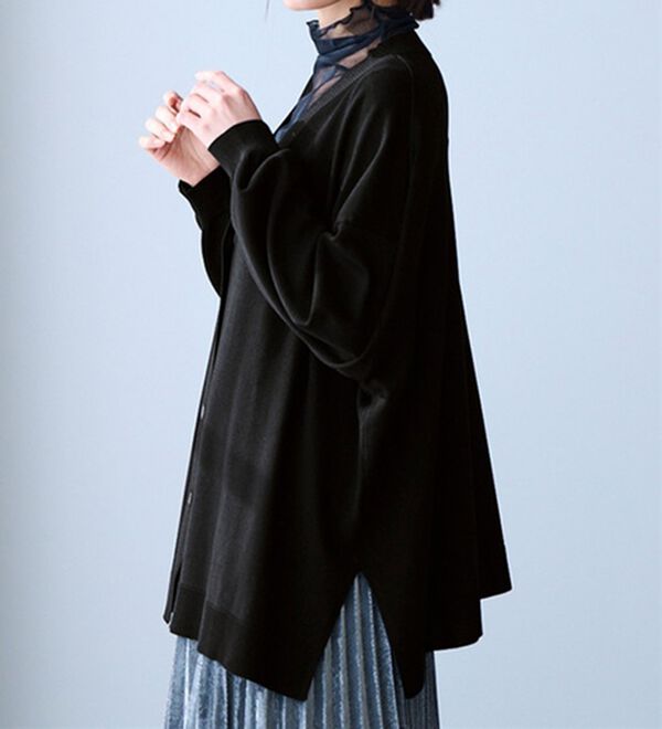 RANAN（ラナン）の「洗える！キレイ見え！ワイドシルエットＶネックカーディガン（ニットカーディガン）」｜ブラック