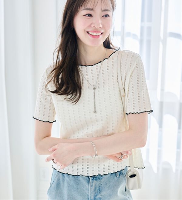 RANAN（ラナン）の「インせず着られる！透かし柄メロー配色Ｔシャツ（カットソー）」｜詳細画像