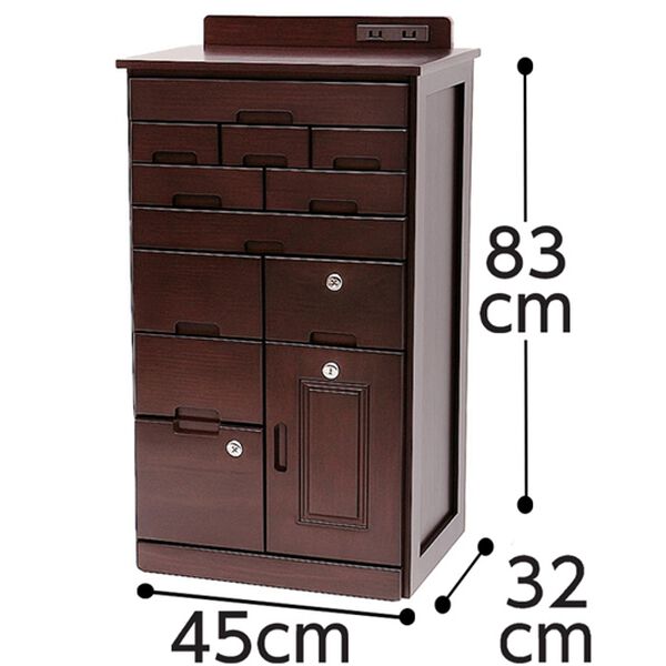 「２口コンセント付　天然木桐製ひきだしいっぱいキャビネット　桐製マルチラック（ラック・棚・本棚）」｜詳細画像