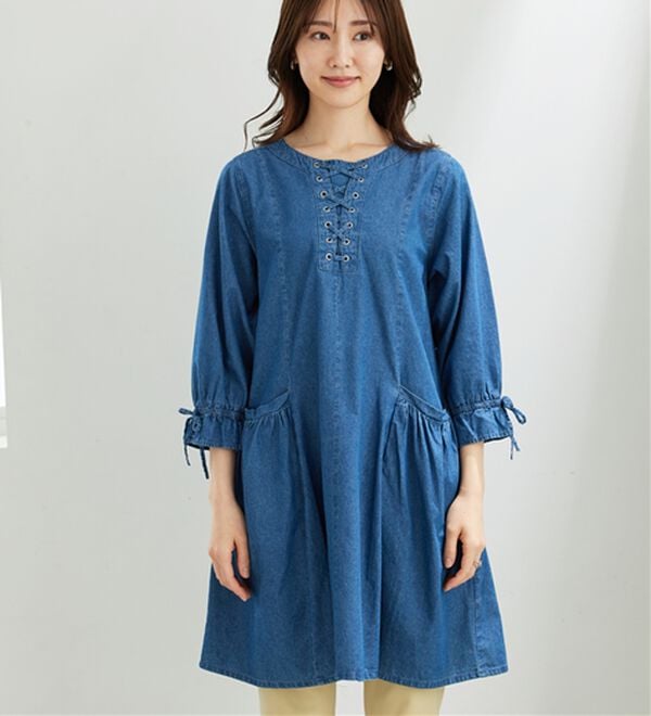BELLUNA（ベルーナ）の「胸元レースアップデニムワンピース（その他ワンピース）」｜詳細画像