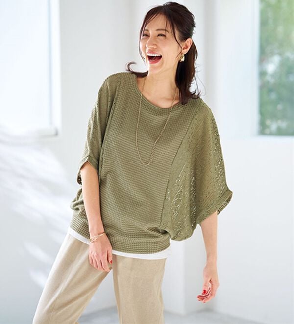 BELLUNA（ベルーナ）の「【タンクトップ付】透かし編みドルマンプルオーバー（カットソー）」｜詳細画像