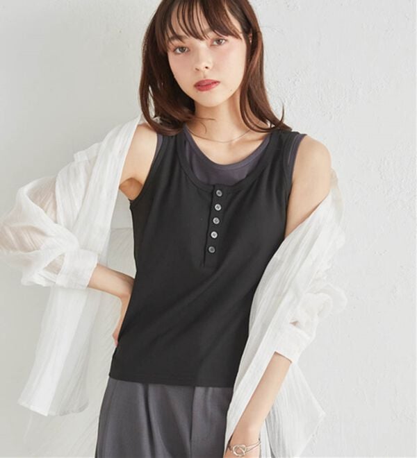 RANAN（ラナン）の「カップ付きレイヤードヘンリーネックタンクトップ（カットソー）」｜詳細画像