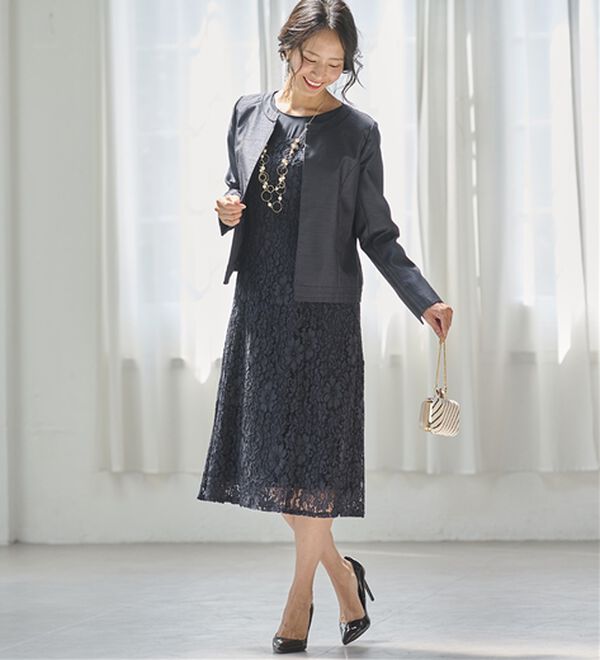 BELLUNA（ベルーナ）の「シャンタン素材ノーカラージャケットレースワンピースアンサンブル（ワンピースセットスーツ）」｜詳細画像