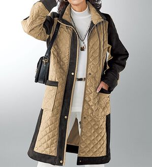 BELLUNA（ベルーナ）の「スエード調切替配色中わたデザインコート（ハーフコート）」｜モカ／黒