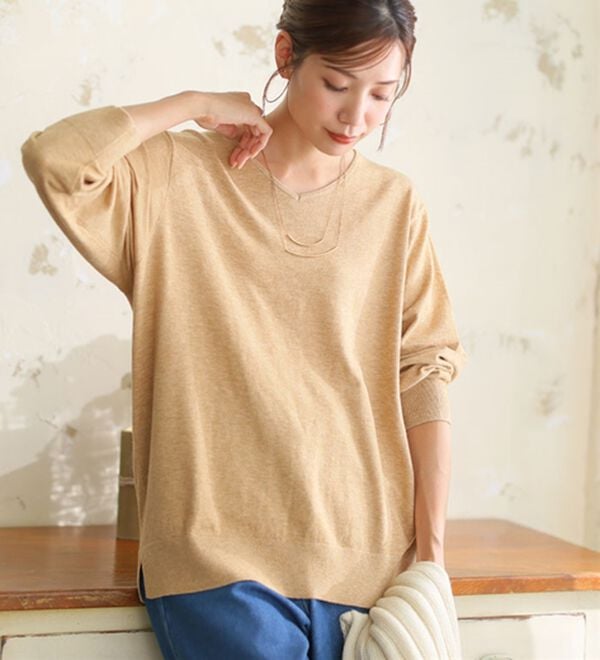 A HAPPY MARILYN（アハッピーマリリン）の「【Ｌ～８Ｌ】Ｒｉｎ フィット感軽減！Ｔシャツ感覚もっちりやわらかＶネックニット（ニット・セーター）」｜詳細画像