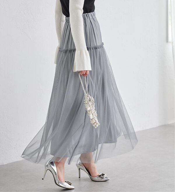 RANAN（ラナン）の「ふわっと可愛いフリルギャザーチュールスカート（ロングスカート）」｜詳細画像