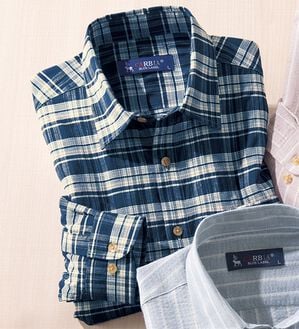 「＜カルビア＞着心地快適！しじら織りストレッチシャツ（メンズシャツ）」｜ネイビーチェック